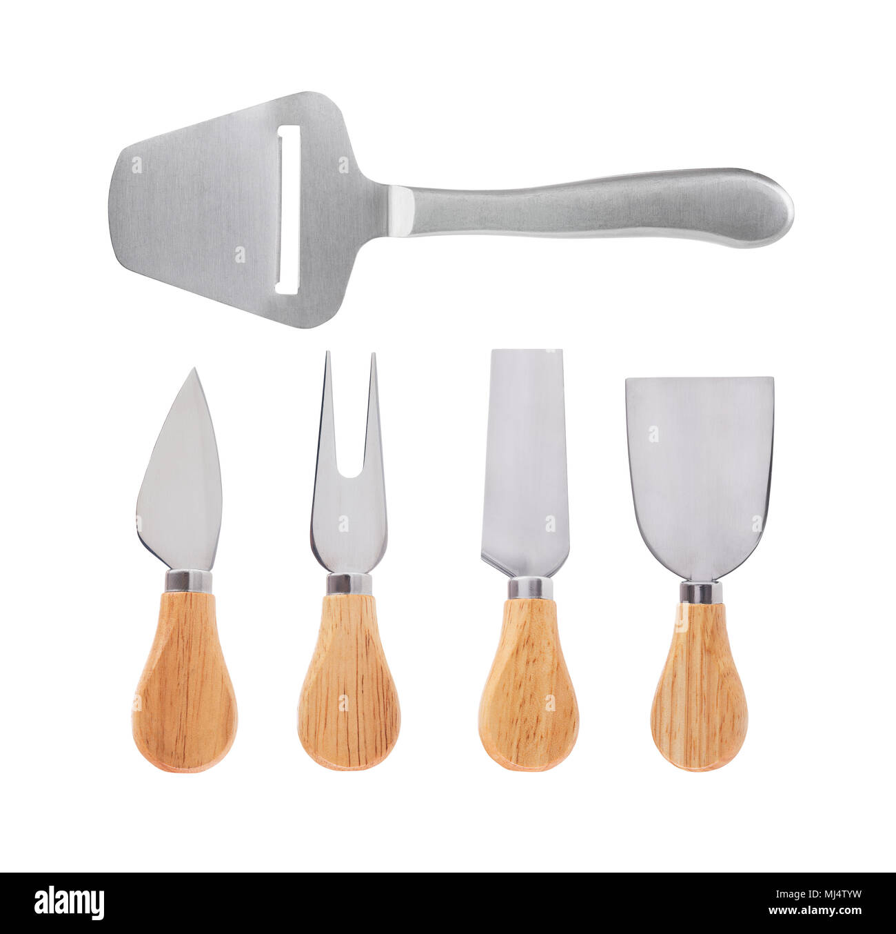 Set di acciaio inox coltelli da formaggio isolato su sfondo bianco Foto Stock