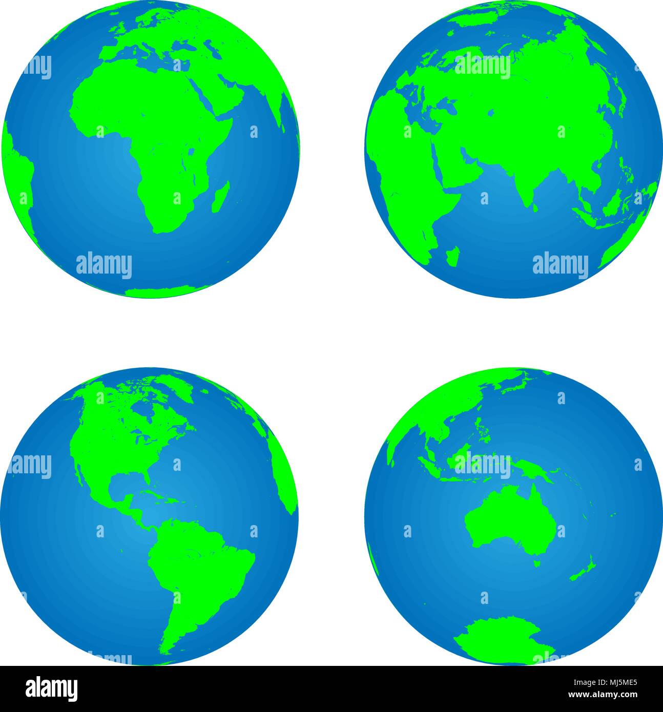 Set di quattro pianeta Terra globi con terra verde silhouette mappa blu su sfondo d'acqua. 3D illustrazione vettoriale. Illustrazione Vettoriale