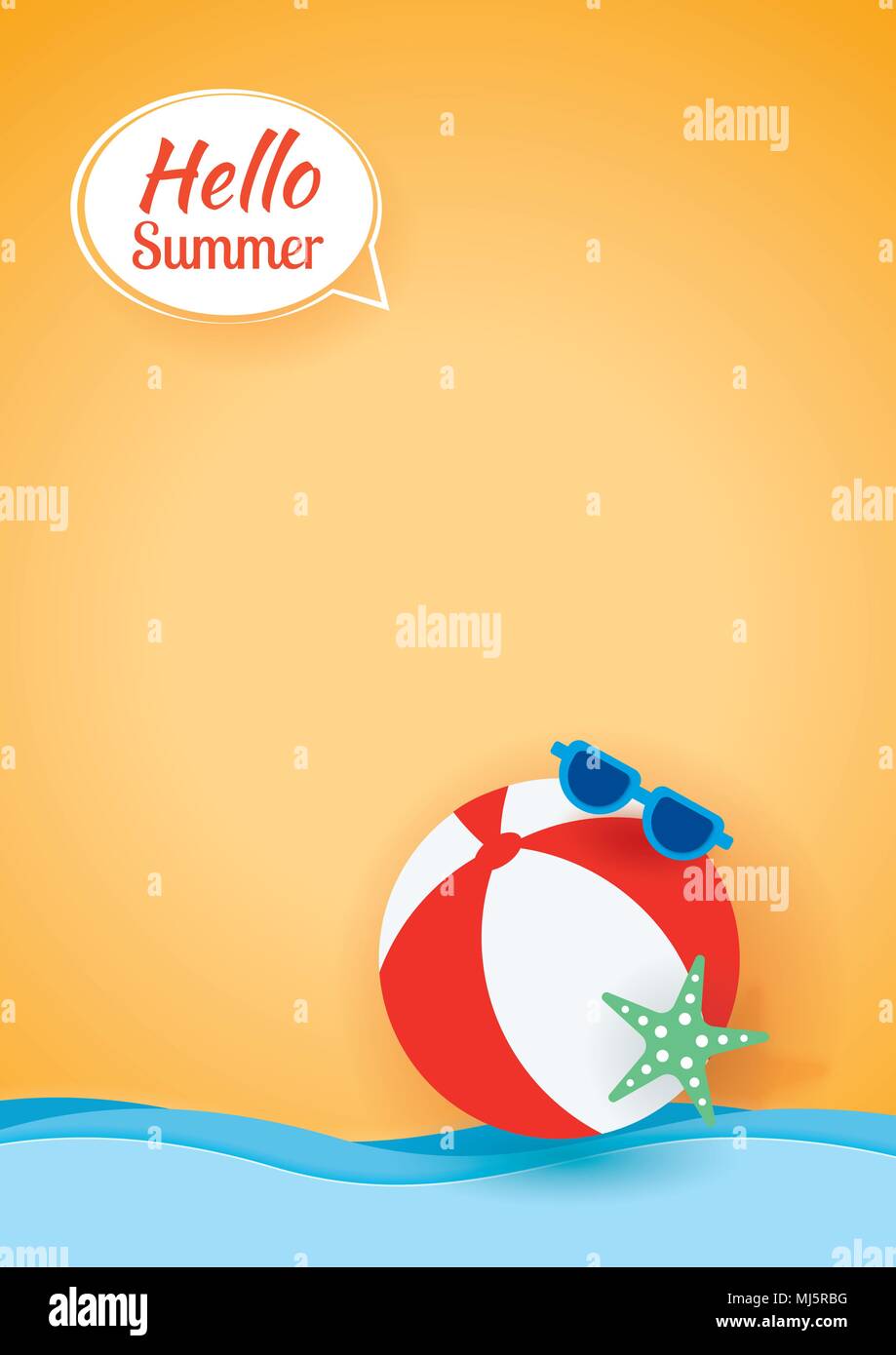 Ciao summer card banner con palla spiaggia carta sfondo d'arte. Illustrazione Vettoriale