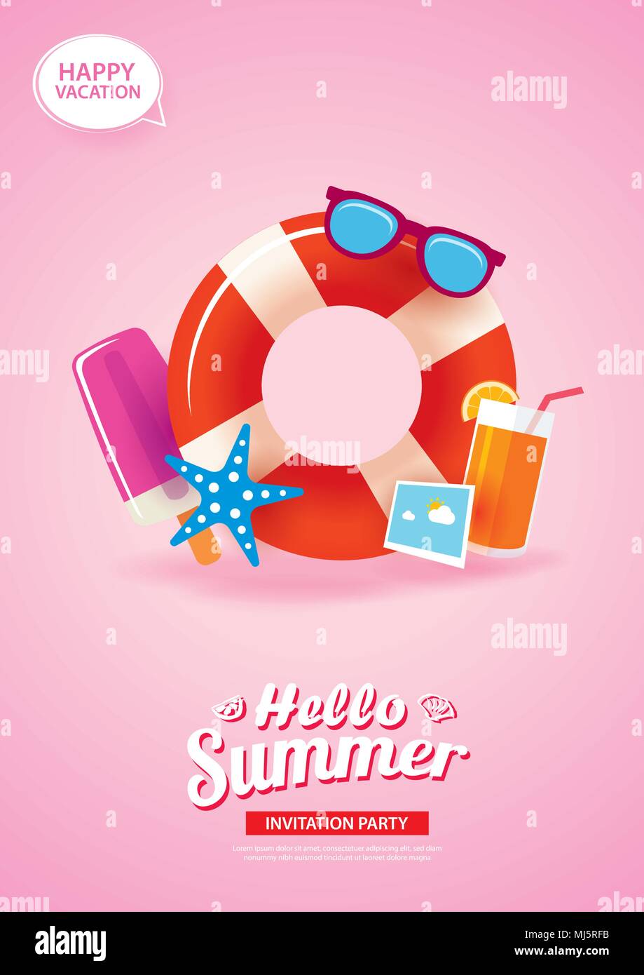 Ciao summer card banner con anello di vita dello sfondo. Utilizzare per creare poster, volantini, pubblicità, brochure, invito, flyer. Illustrazione Vettoriale