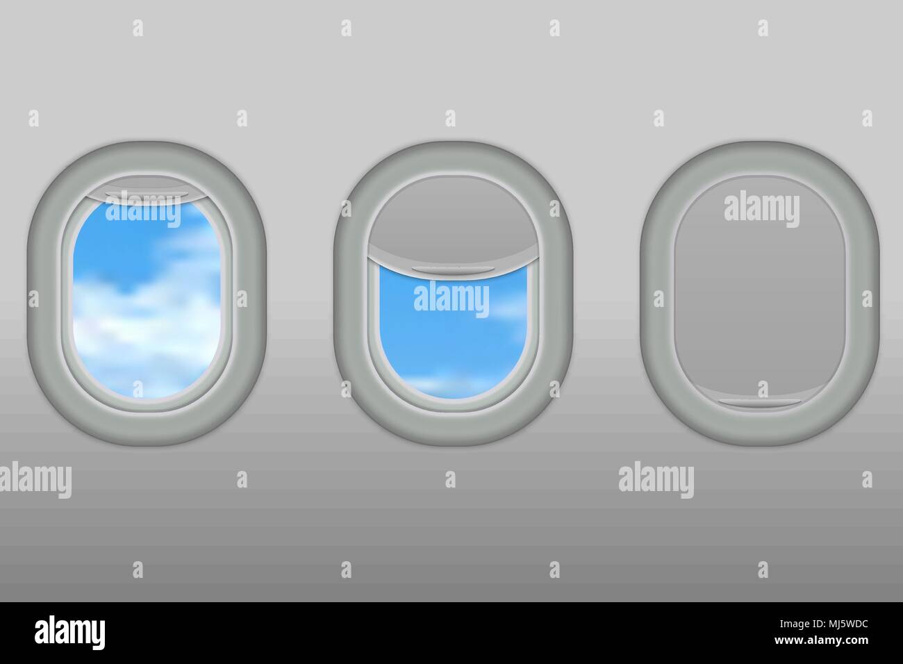 Tre oblò realistica del velivolo di plastica bianca con apertura e chiusura sfumature finestra illustrazione vettoriale Illustrazione Vettoriale