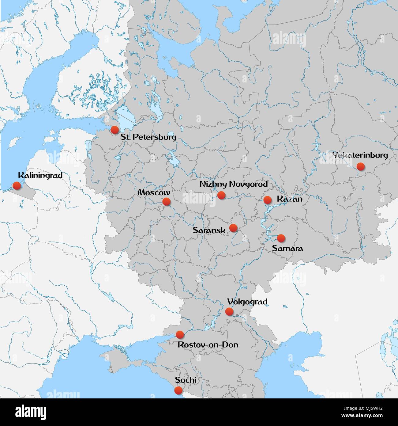 Mappa della Russia europea con la coppa del mondo di città ospitante  Immagine e Vettoriale - Alamy