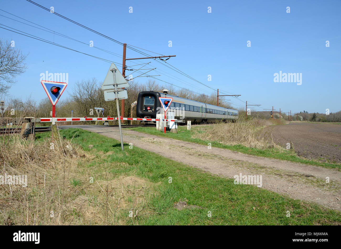 Tinglev, Danimarca - 19 Aprile 2018: Una Flexliner 'rubbernose " Treno del DSB passa un passaggio a livello a sud della città. Foto Stock