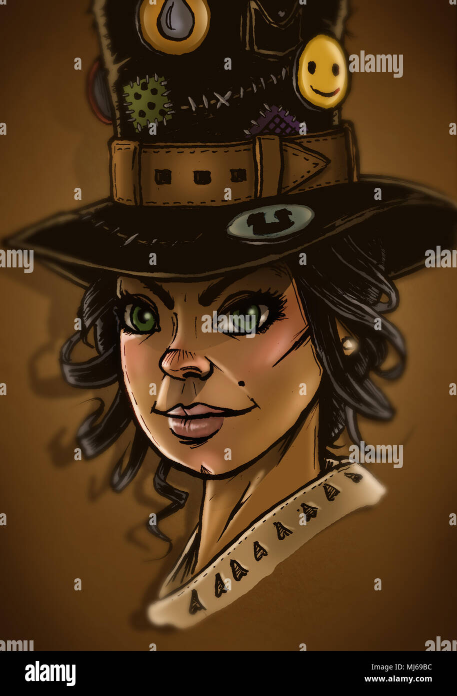 Illustrazione Digitale di di una ragazza in un top hat con vari oggetti attaccati Foto Stock
