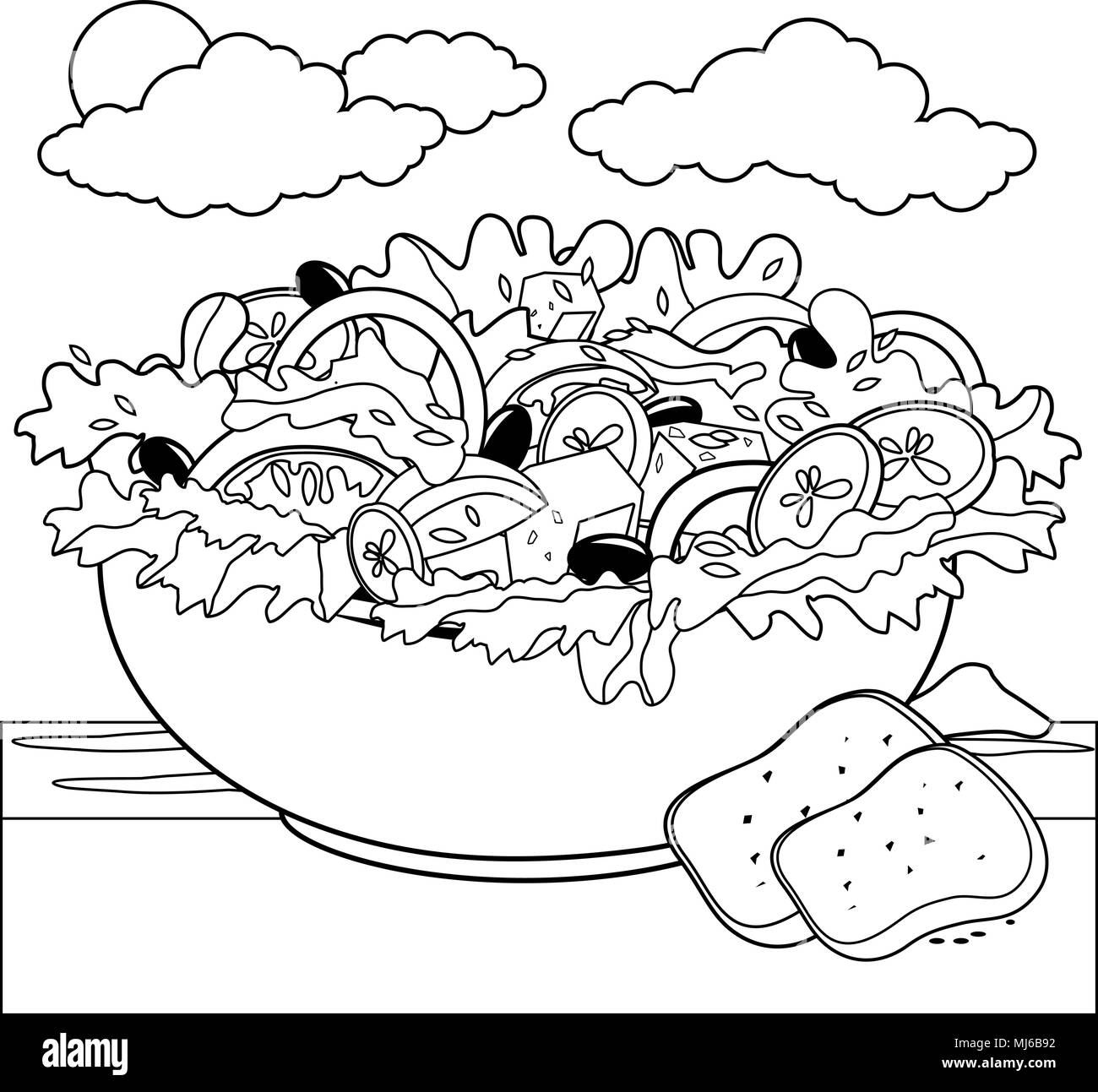 Insalata greca. Ciotola di verdure e insalata di formaggio in un tavolo vicino al mare durante le vacanze estive sull'isola in Grecia. Pagina di colorazione vettoriale in bianco e nero Illustrazione Vettoriale