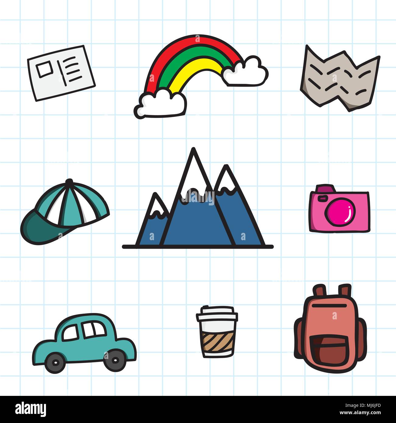 Disegnare a mano travel icon set doodle con colore. Cartoon icona del viaggio. Illustrazione Vettoriale