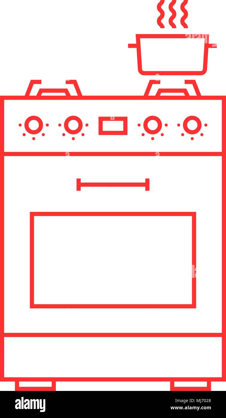 Rosso linea sottile fornello a gas a icona Illustrazione Vettoriale