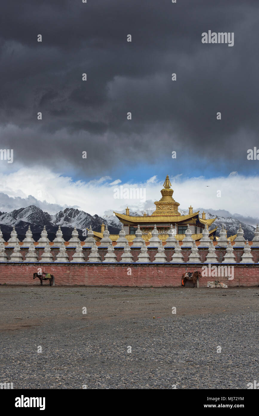 Muya Golden Tower e Yala montagna di neve sotto una tempesta, Tagong, Sichuan, in Cina Foto Stock