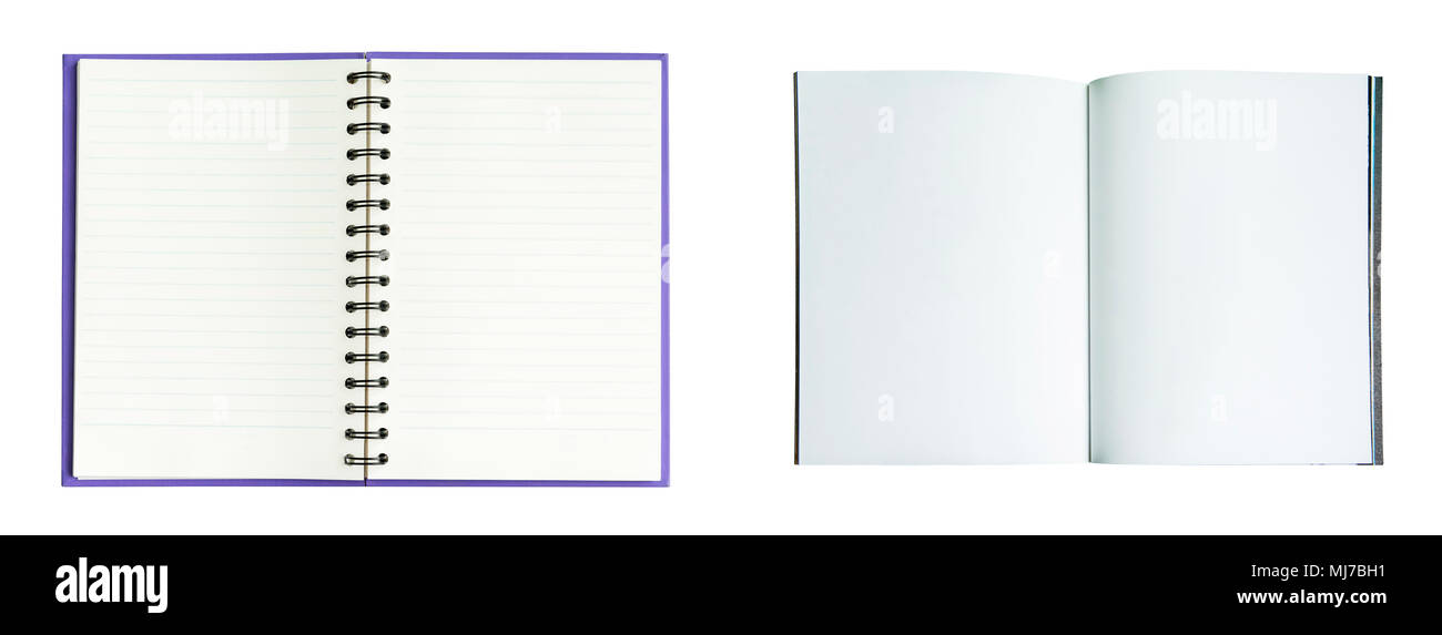 Vuoto pagina bianca notebook aperto isolata su sfondo bianco. Foto Stock
