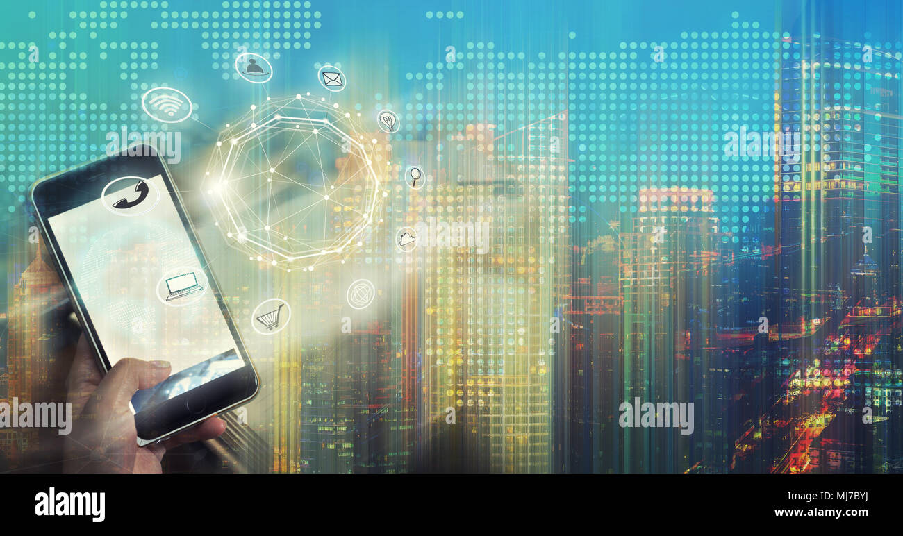 Rete e tecnica di collegamento concetto con Bangkok Expressway vista superiore nel panorama di sunrise, Thailandia. Foto Stock