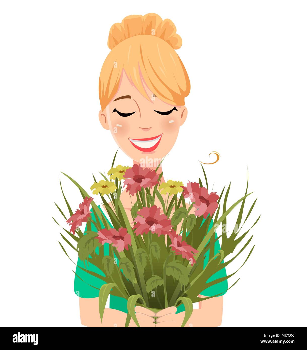 La festa della mamma biglietto di auguri. Bella donna tenendo un mazzo di fiori. Cartoon carino carattere. Illustrazione Vettoriale su sfondo bianco. Illustrazione Vettoriale