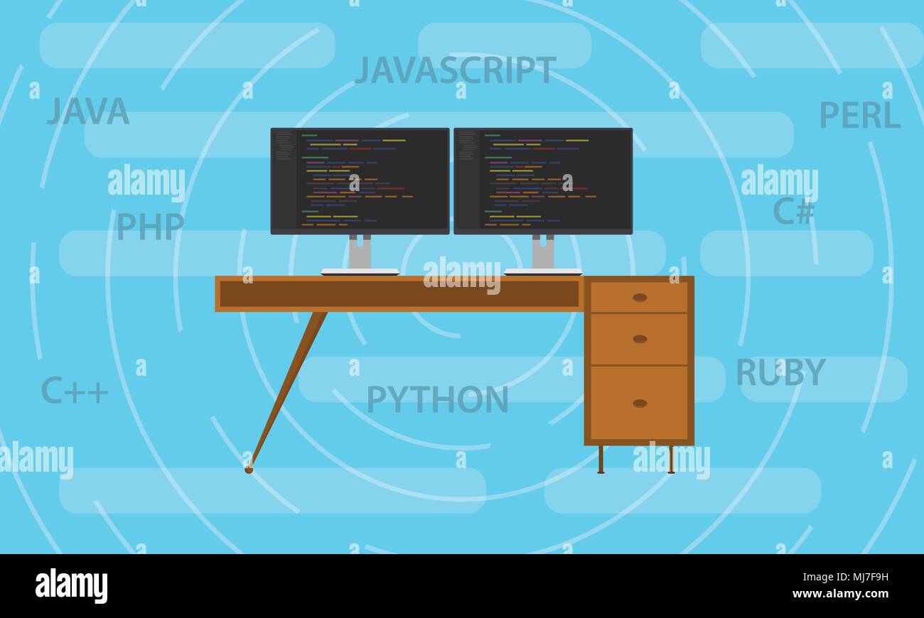 Programmazione popolare languange in 2018 con schermo di codice e script scrivania Illustrazione Vettoriale