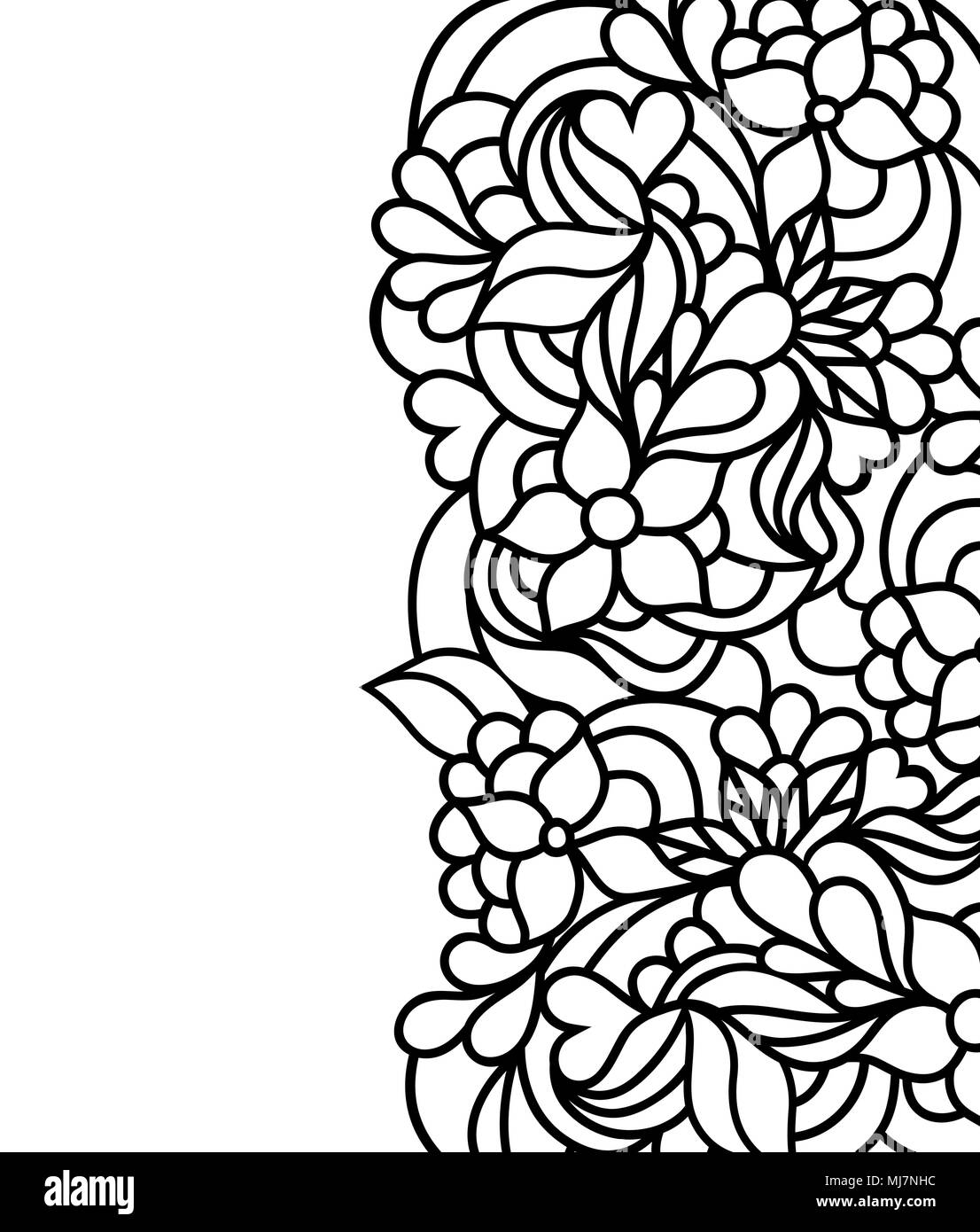 Illustrazione Vettoriale di disegnato a mano bordo floreale su sfondo bianco.pagina da colorare per bambini e adulti. Illustrazione Vettoriale