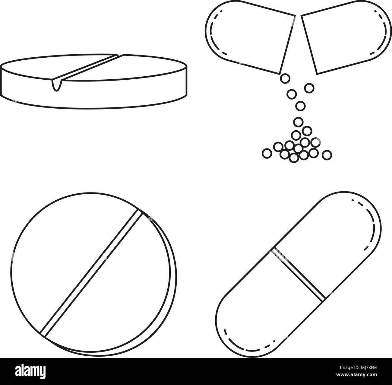 Line art in bianco e nero di droghe mediche set. In tema di assistenza sanitaria illustrazione vettoriale per icona, adesivo, segno, patch, certificato badge, carta regalo, timbro Illustrazione Vettoriale