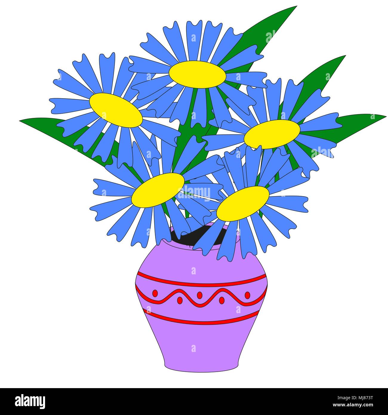 Un mazzo di bellissimi fiori blu in un vaso isolato su uno sfondo bianco. Illustrazione Vettoriale