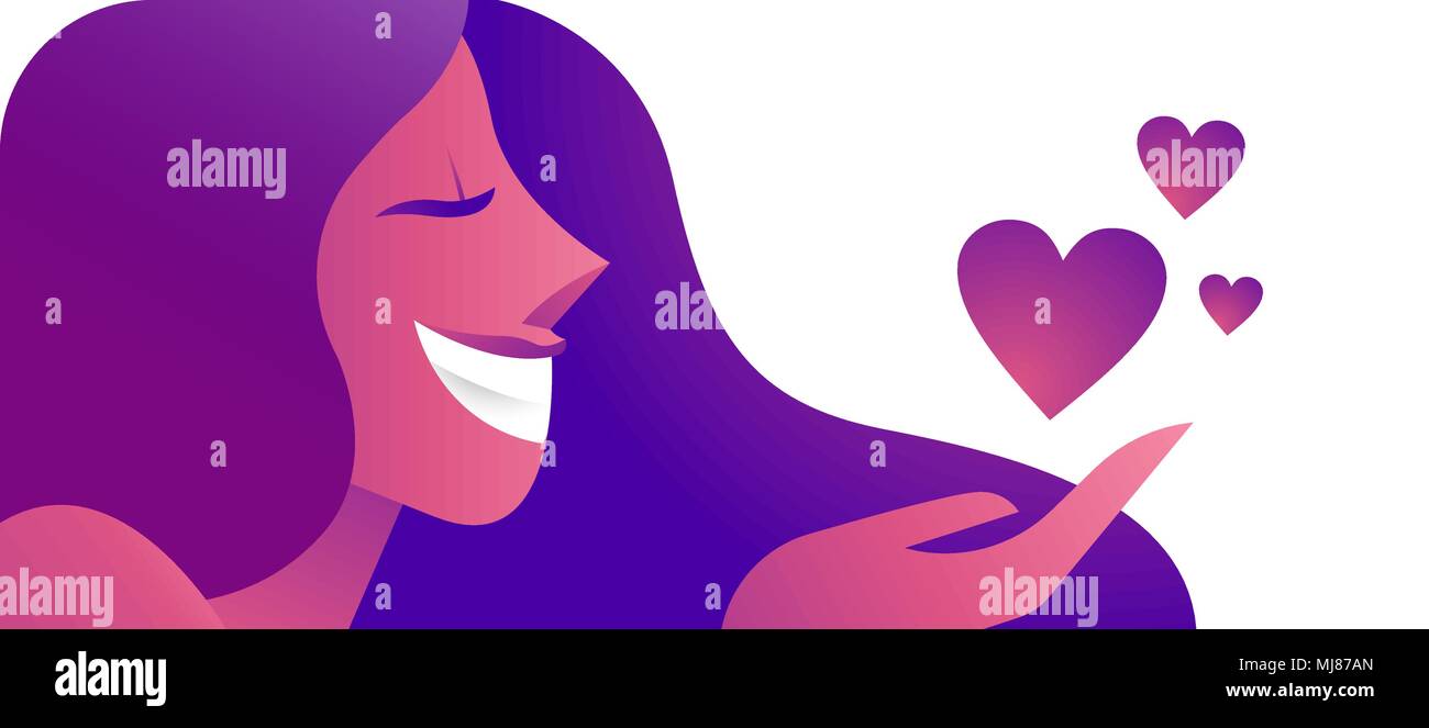 La donna nel concetto di amore illustrazione della bella ragazza felice soffiando kiss con forma di cuore le icone. Scheda orizzontale formato per banner web o testata. EPS10 Illustrazione Vettoriale
