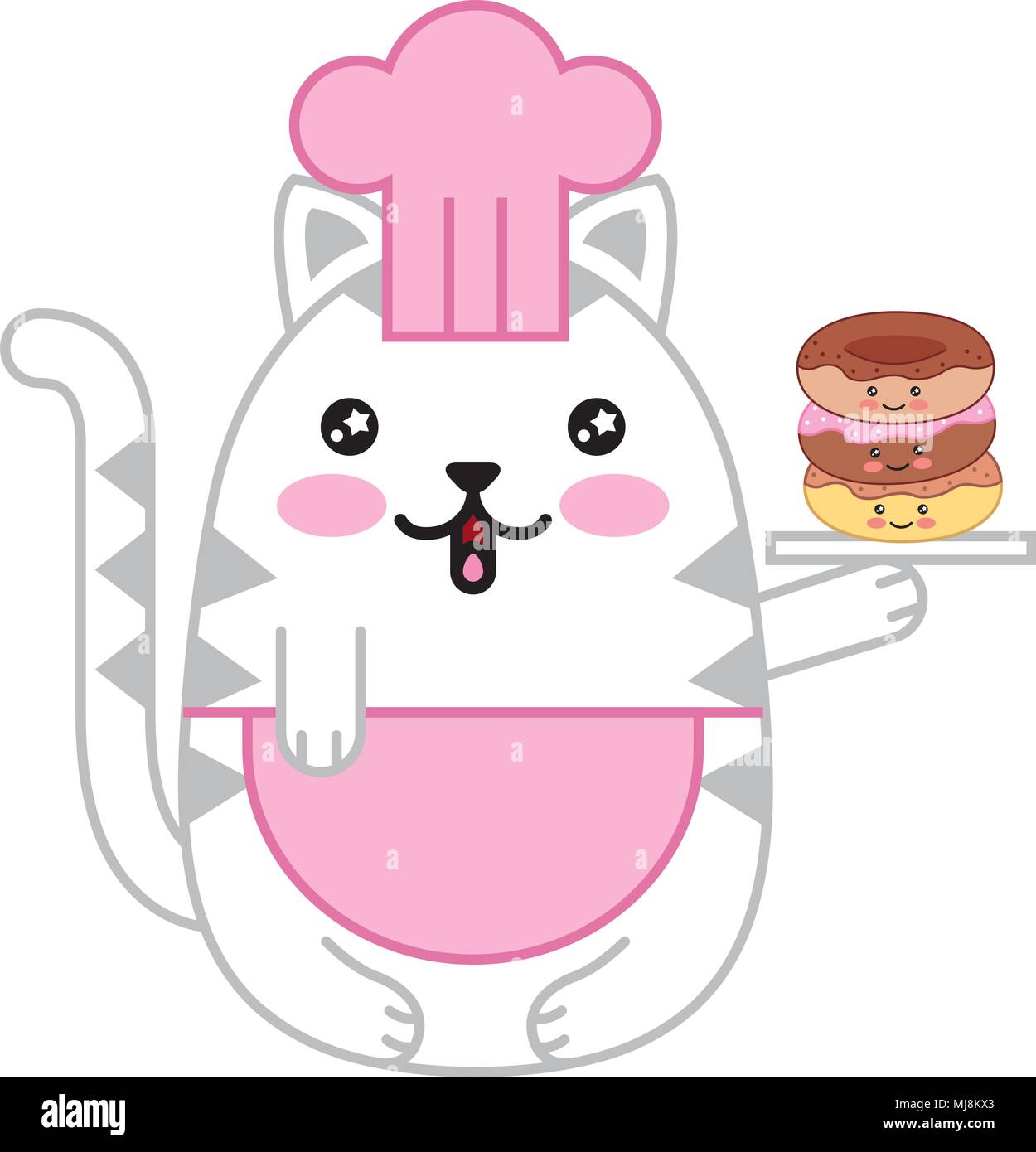 Kawaii cute cat chef con gustosi bomboloni cartoon illustrazione vettoriale Illustrazione Vettoriale