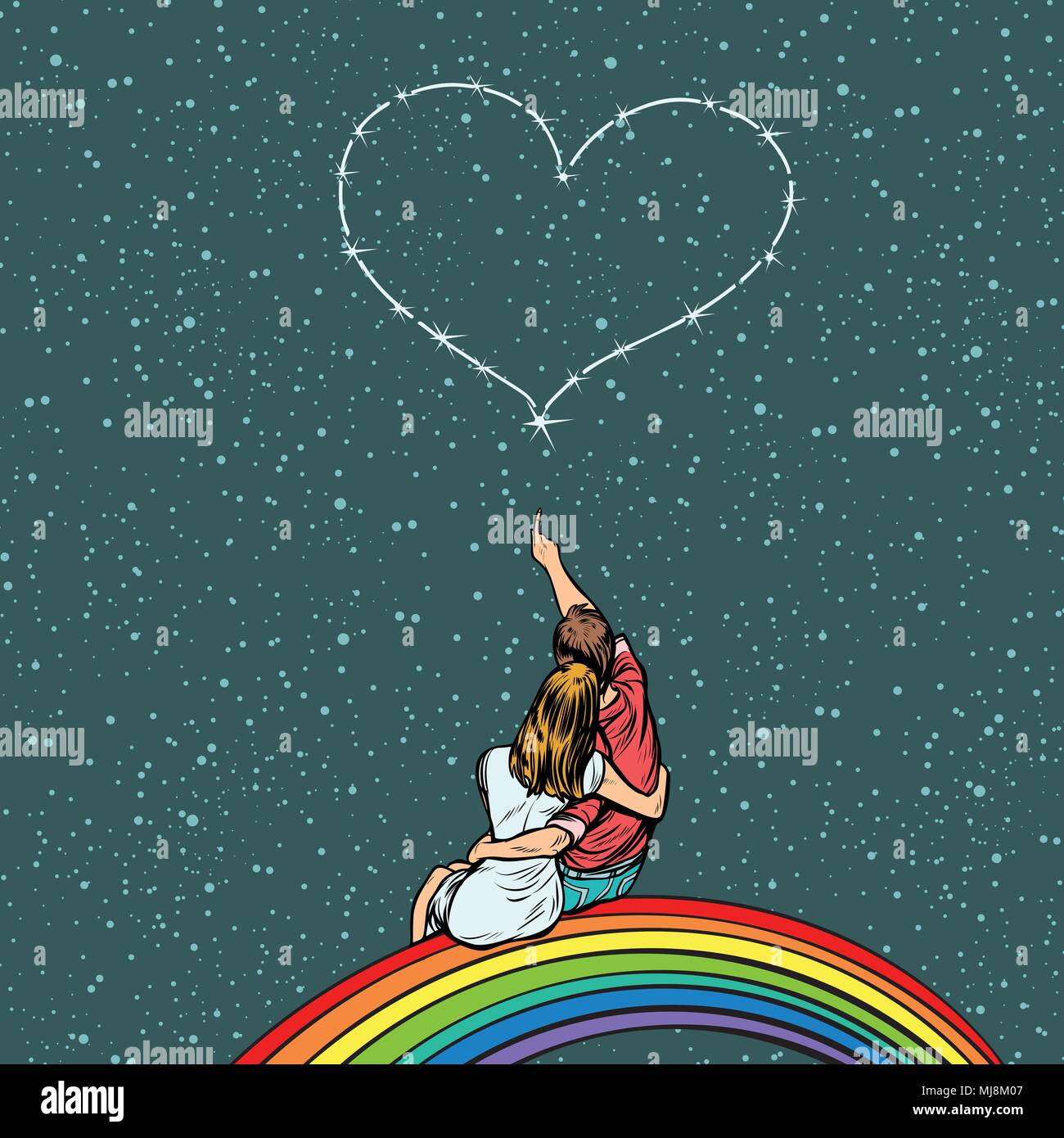 Matura in amore guarda il cuore e si siede su un arcobaleno Illustrazione Vettoriale