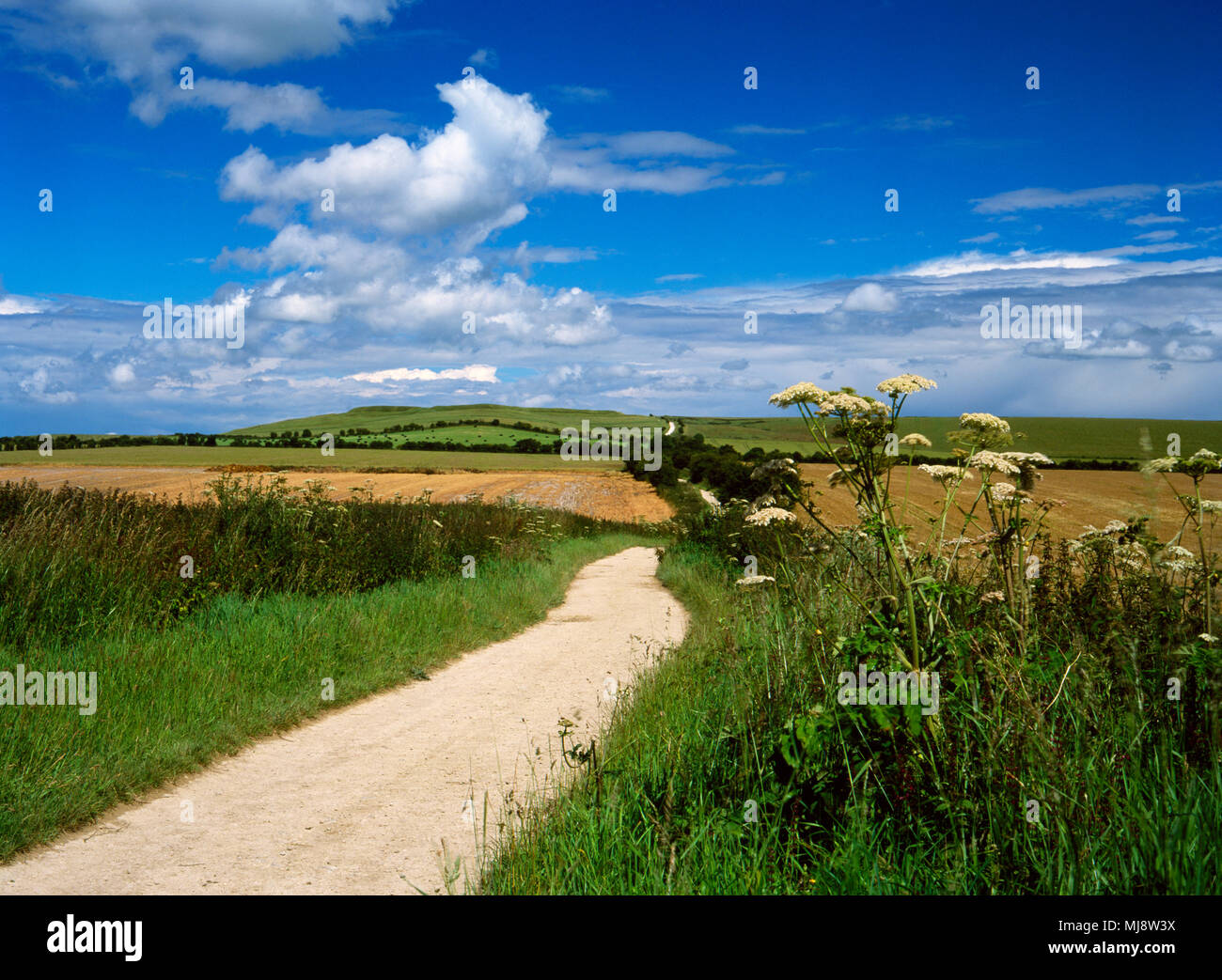 La Ridgeway distanza lungo il percorso di avvicinamento Uffington Castle Iron Age hillfort su Whitehorse Hill nel North Wessex Downs AONB, Oxforshire, Inghilterra. Foto Stock