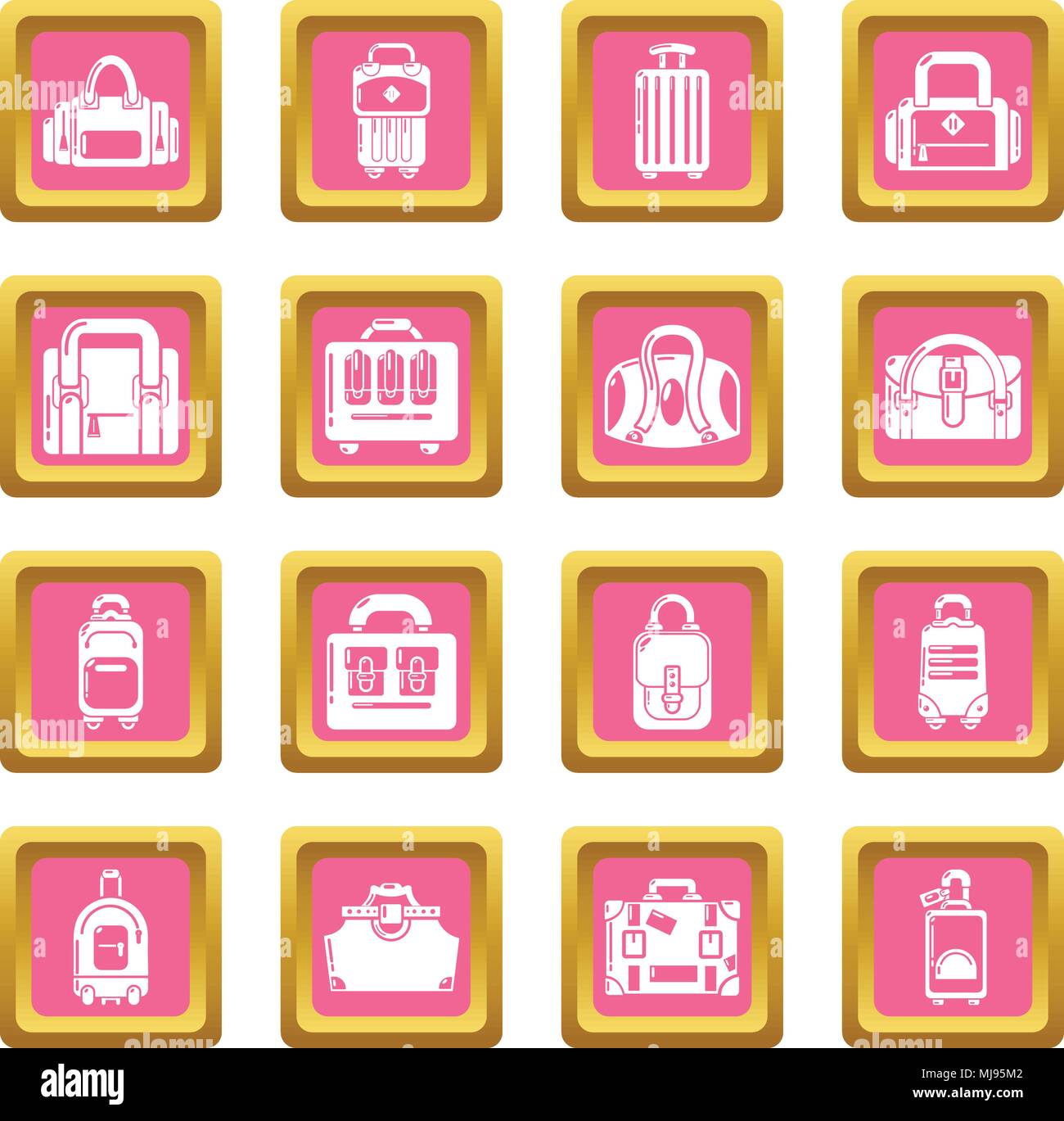 Borsa valigia bagaglio set di icone rosa vettore quadrato Illustrazione Vettoriale