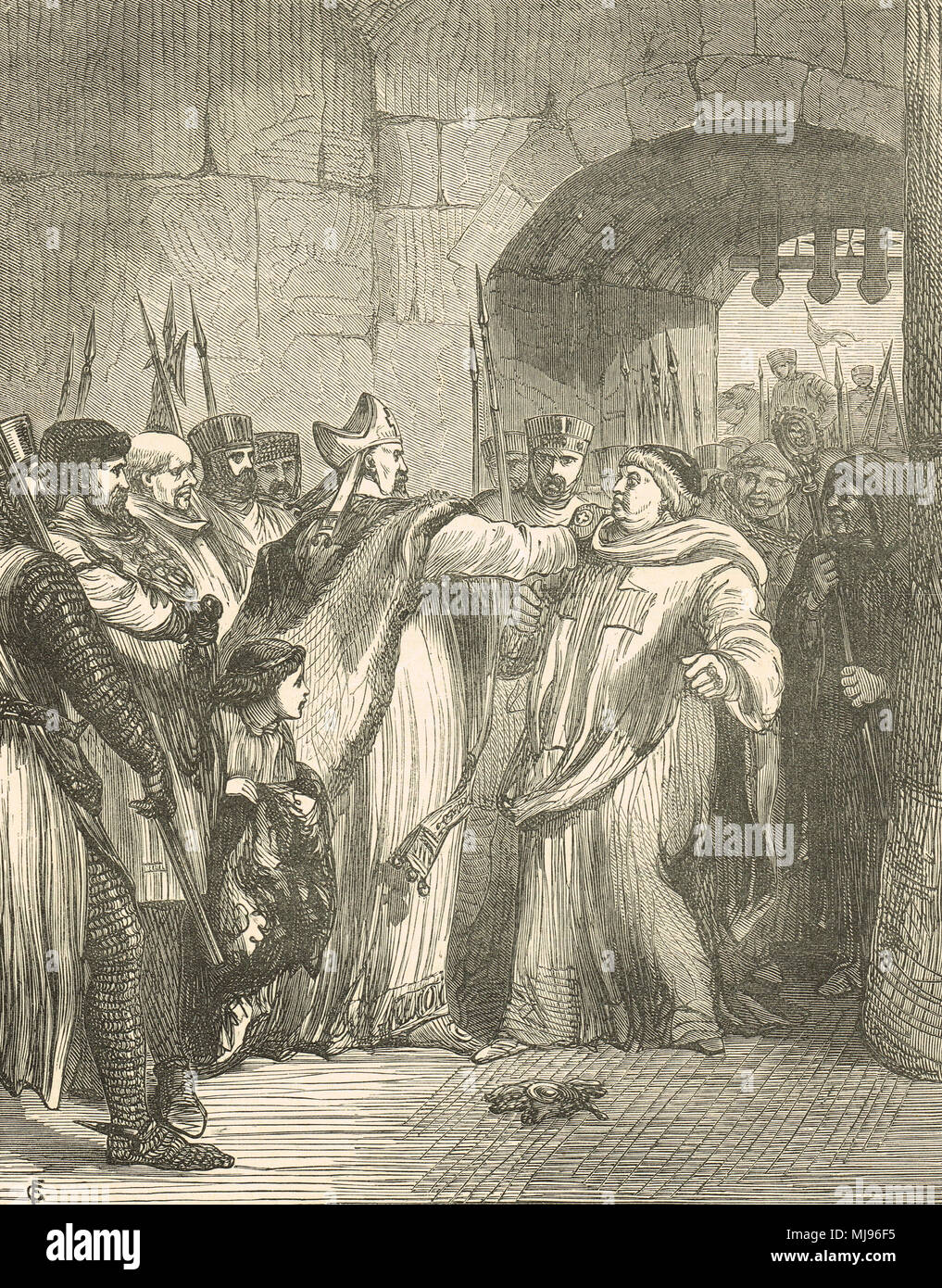 Hugh de Puiset (anche noto come Hugh Pudsey) il vescovo di Durham arrestati da William Longchamp a Tickhill Castello, 1190 Foto Stock