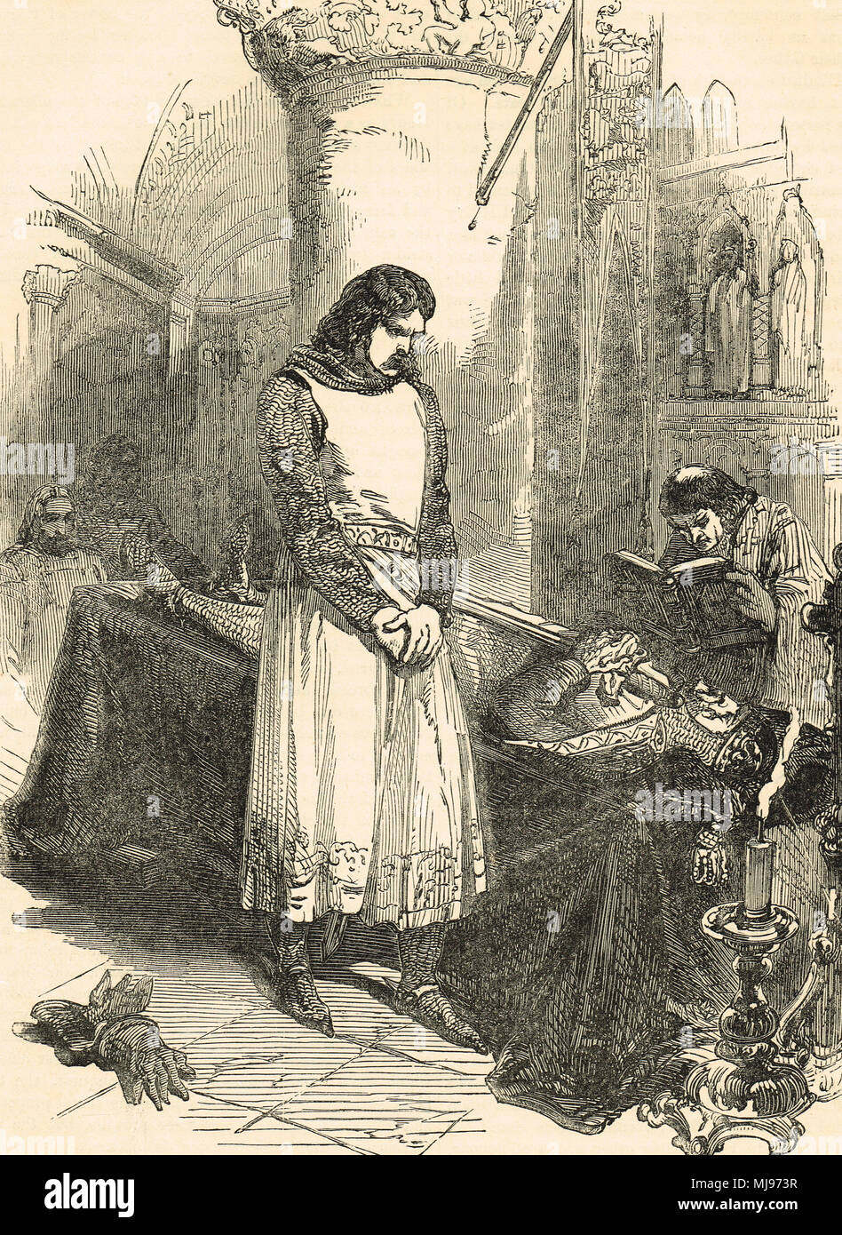 Re Richard I, accanto al corpo morto di suo padre Henry II, muore il 6 luglio 1189, Chinon castello, Anjou, Francia Foto Stock