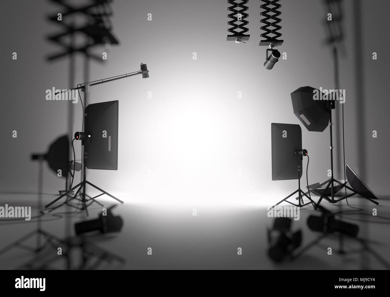 Un vuoto e vuota studio fotografico setup. 3D illustrazione Foto Stock