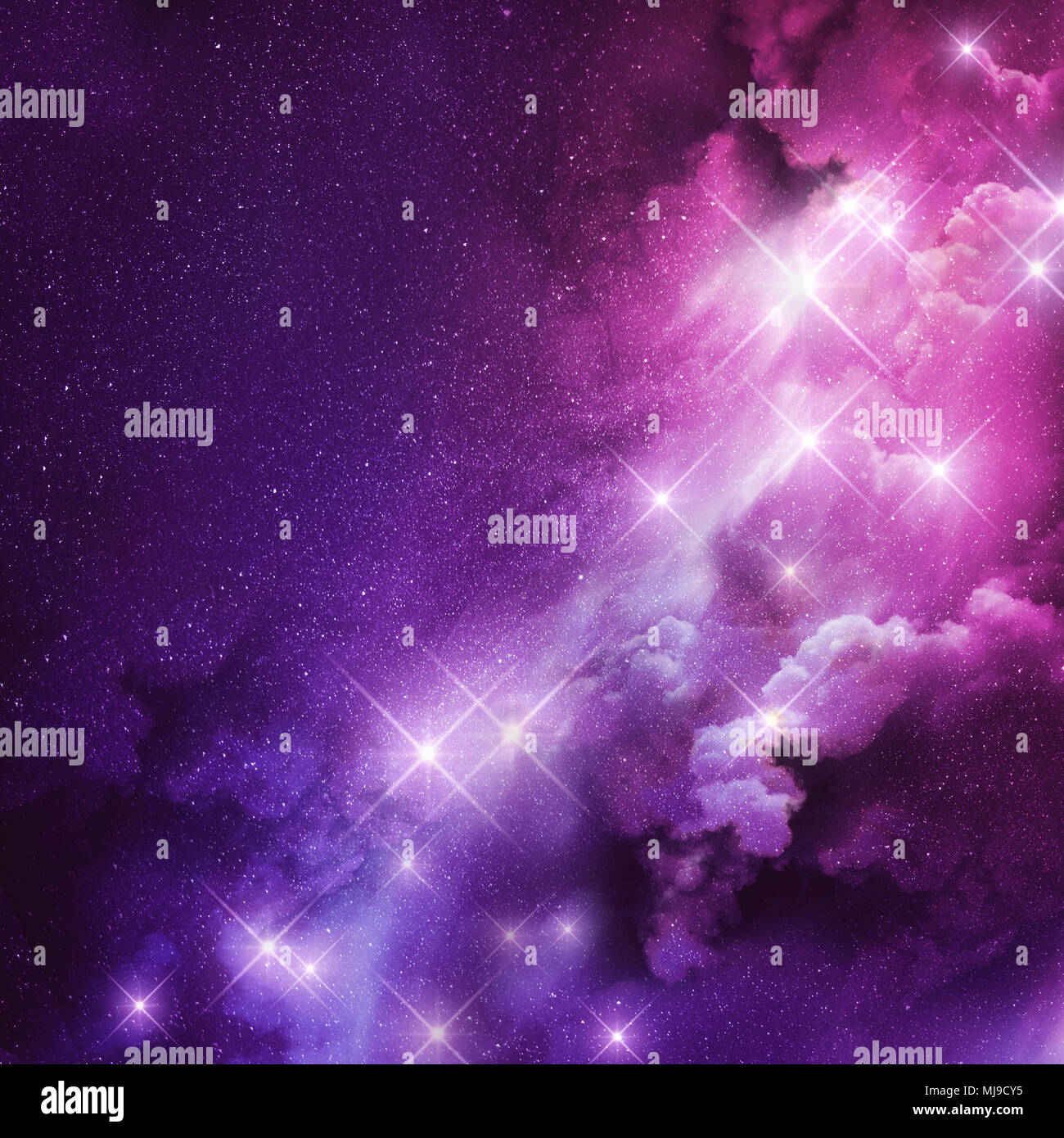 Una rosa e viola la nebulosa di fantasia con stelle luccicanti. Sfondo immagine raster. Foto Stock