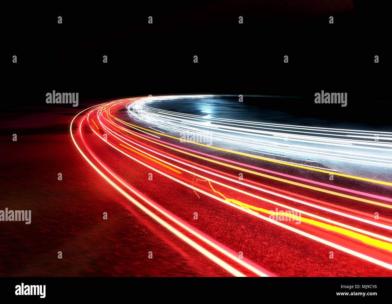 Curve di traffico auto sentieri di luce. 3D illustrazione Foto Stock