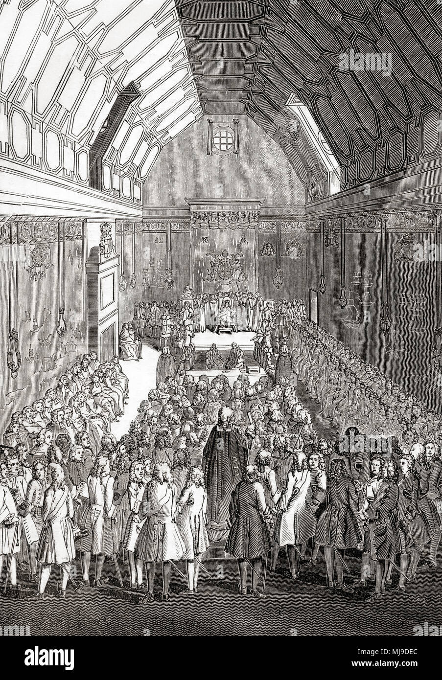 La House of Lords, Palazzo di Westminster, Londra, Inghilterra nel tempo di Giorgio II. Da Vecchia Inghilterra: un museo pittorico, pubblicato nel 1847. Foto Stock