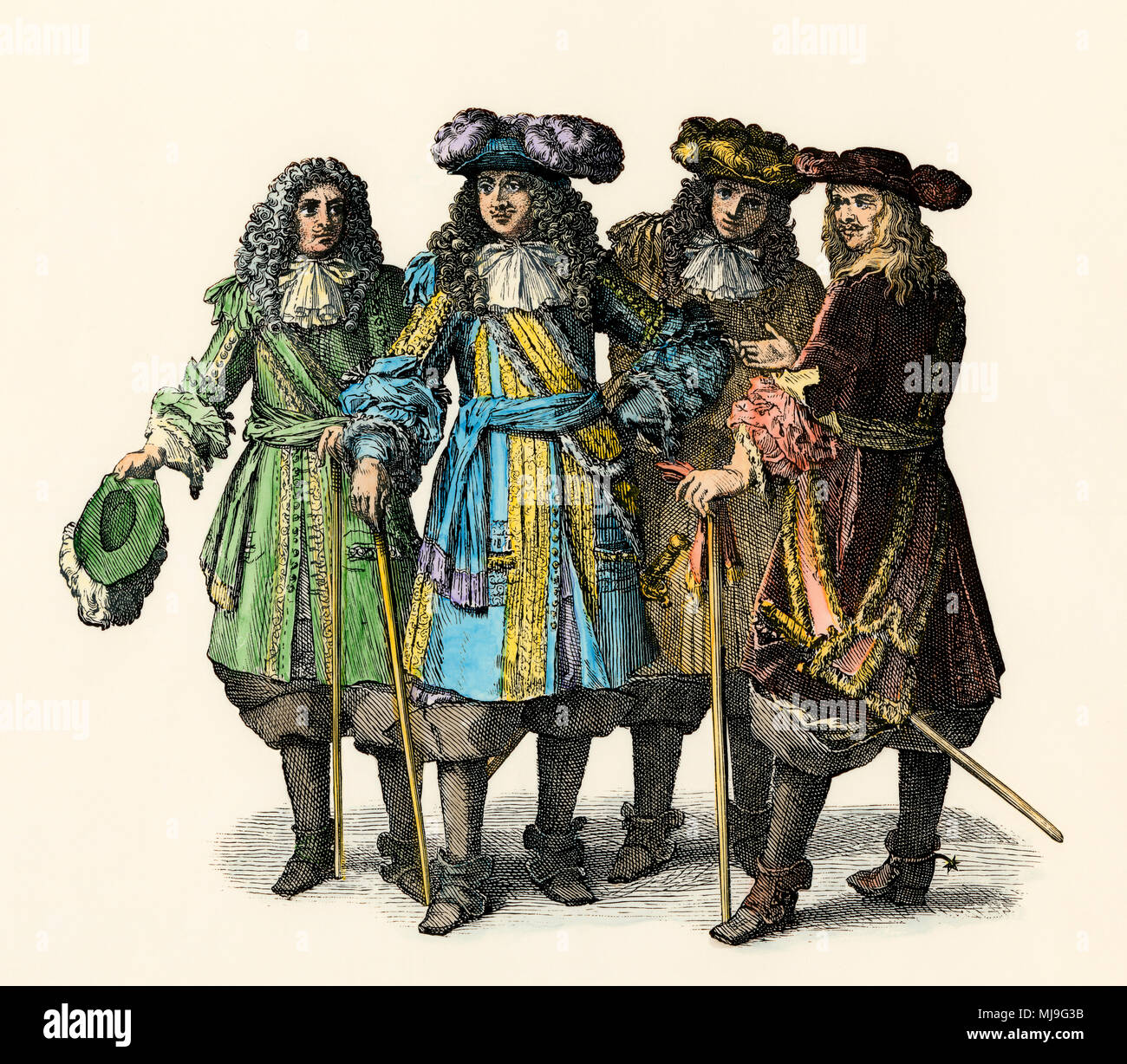 Louis XIV e funzionari della sua corte a Versailles, 1600s. Colorate a mano la xilografia Foto Stock