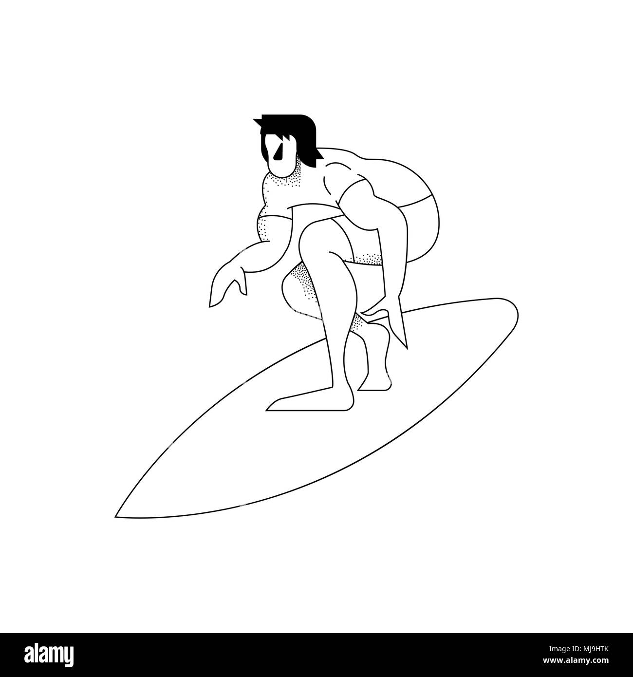 L'uomo surf, moderno in bianco e nero in stile contorno. Surfer barreling pongono in azione su sfondo isolato. EPS10 vettore. Illustrazione Vettoriale