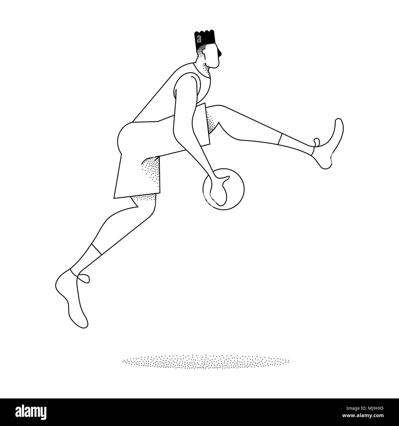 L'uomo giocando a basket ball, moderno in bianco e nero in stile contorno. Il basket jump pongono in azione su sfondo isolato. EPS10 vettore. Illustrazione Vettoriale