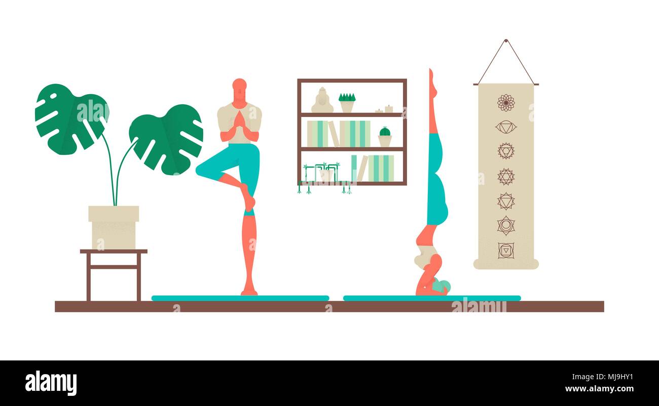 L uomo e la donna che esercitano in studio di yoga. Sport fitness illustrazione del popolo sano stile di vita con casa moderna decorazione di interni. EPS10 vettore. Illustrazione Vettoriale