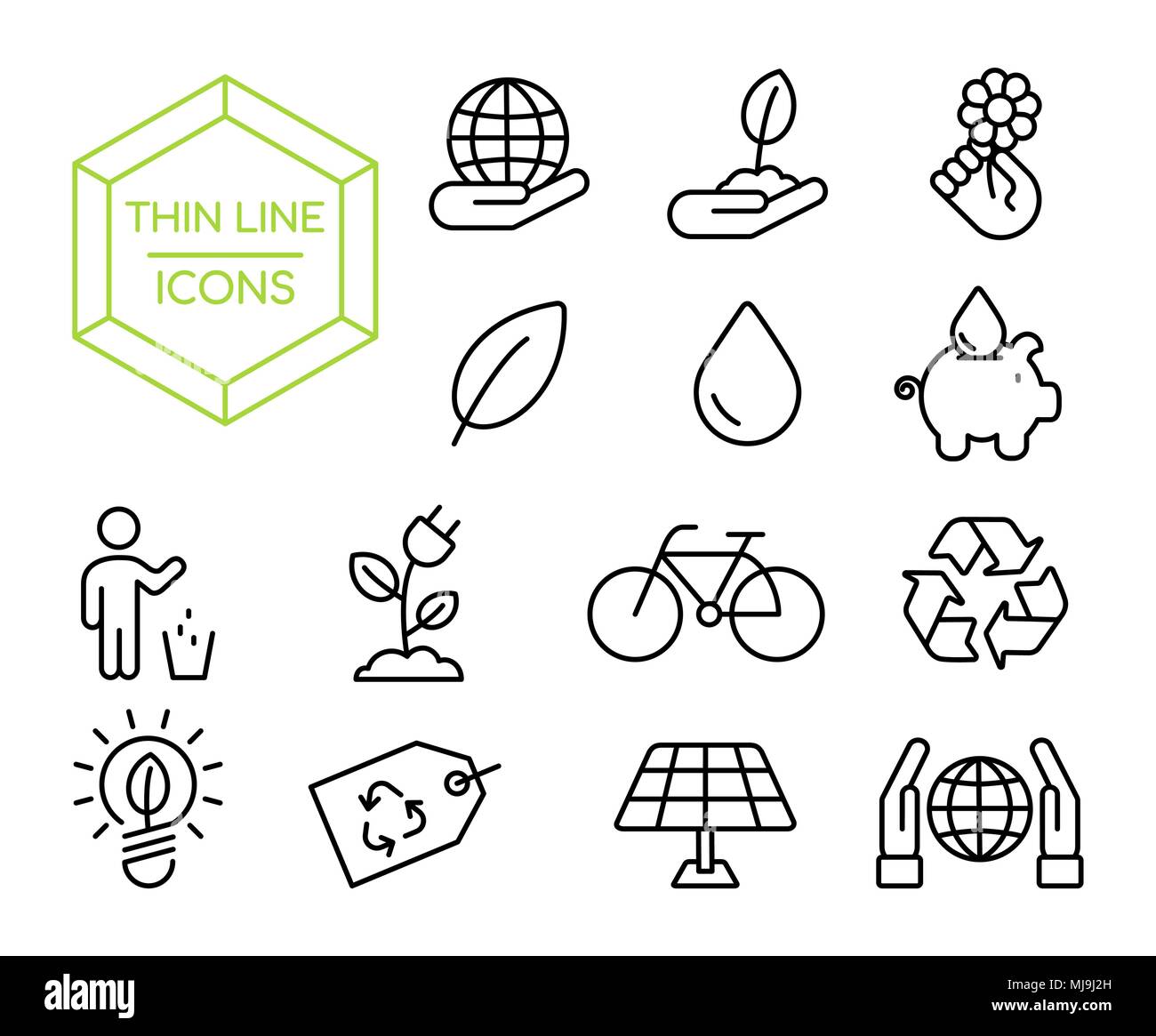 Green eco friendly sottile linea icon set, conservazione dell ambiente raccolta di simbolo in moderno stile contorno. EPS10 vettore. Illustrazione Vettoriale
