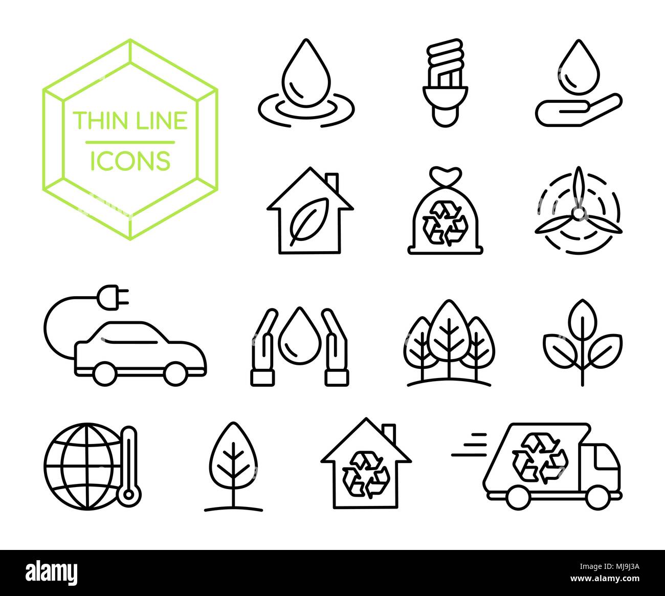 Natura verde aiutano la linea sottile icon set, conservazione dell ambiente raccolta di simbolo in moderno stile contorno. Include auto elettrica, smart house e rinnovare Illustrazione Vettoriale