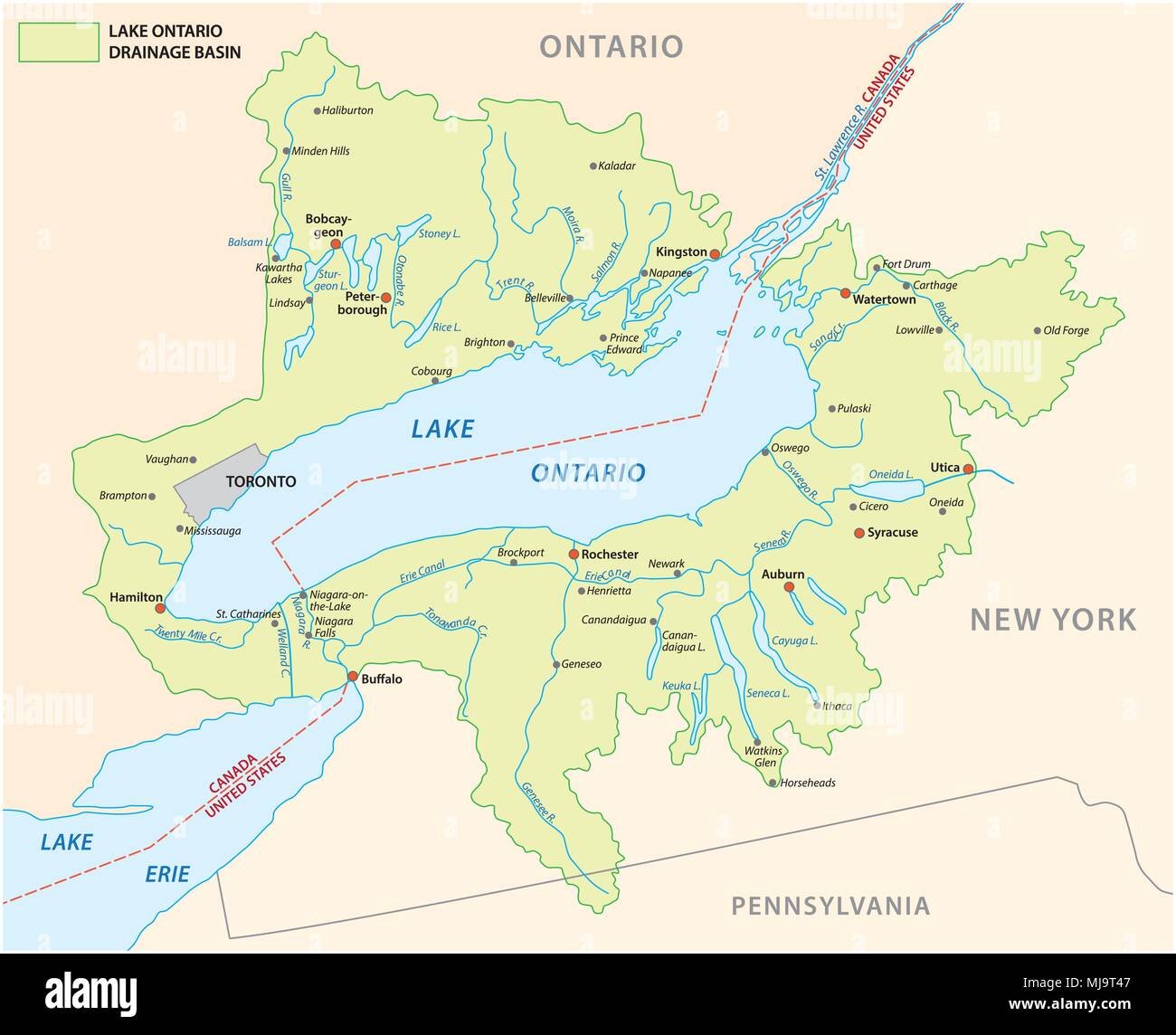 Il lago Ontario del bacino scolante mappa vettoriale Illustrazione Vettoriale