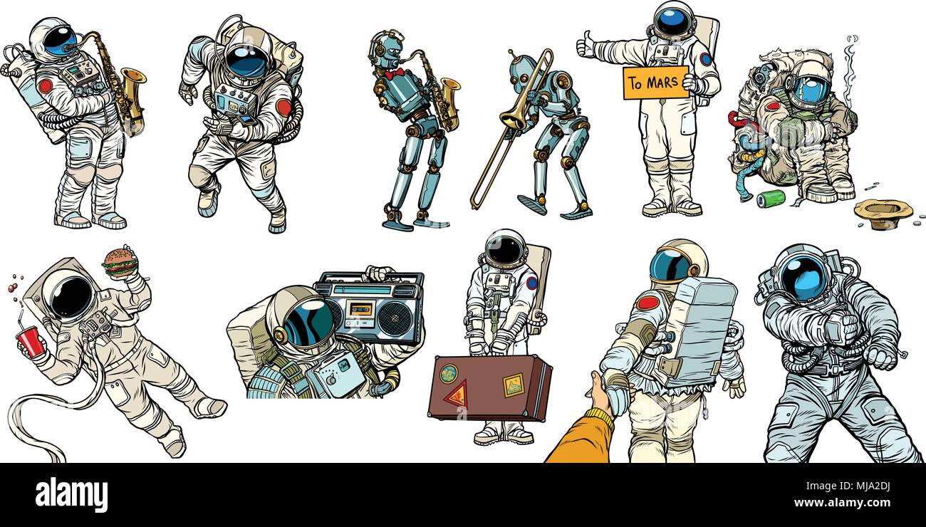 Impostare collezione astronauti e robot Illustrazione Vettoriale