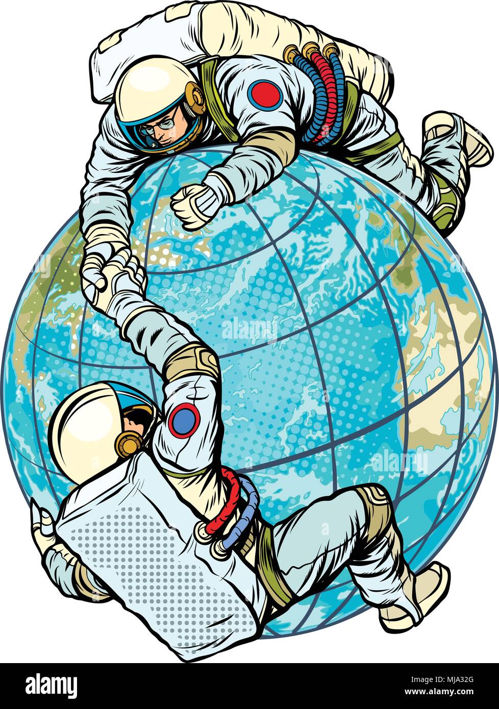 Due astronauti sul pianeta Terra si aiutano a vicenda Illustrazione Vettoriale