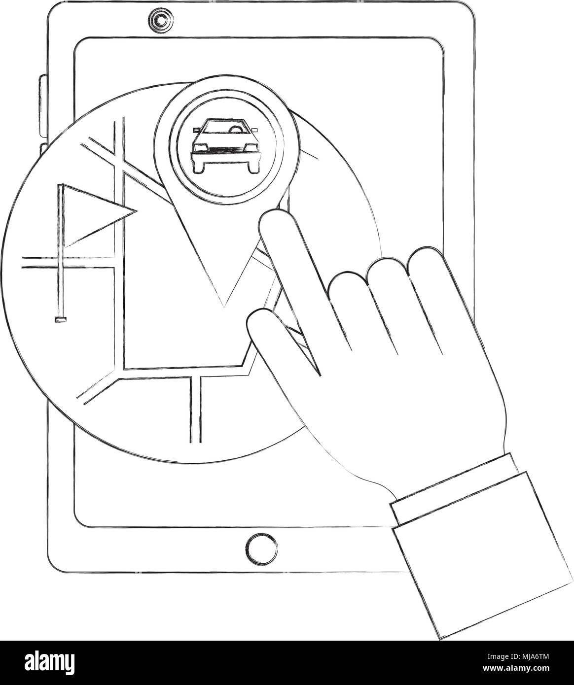 Mano toccando lo schermo dello smartphone destinazione auto illustrazione vettoriale schizzo Illustrazione Vettoriale