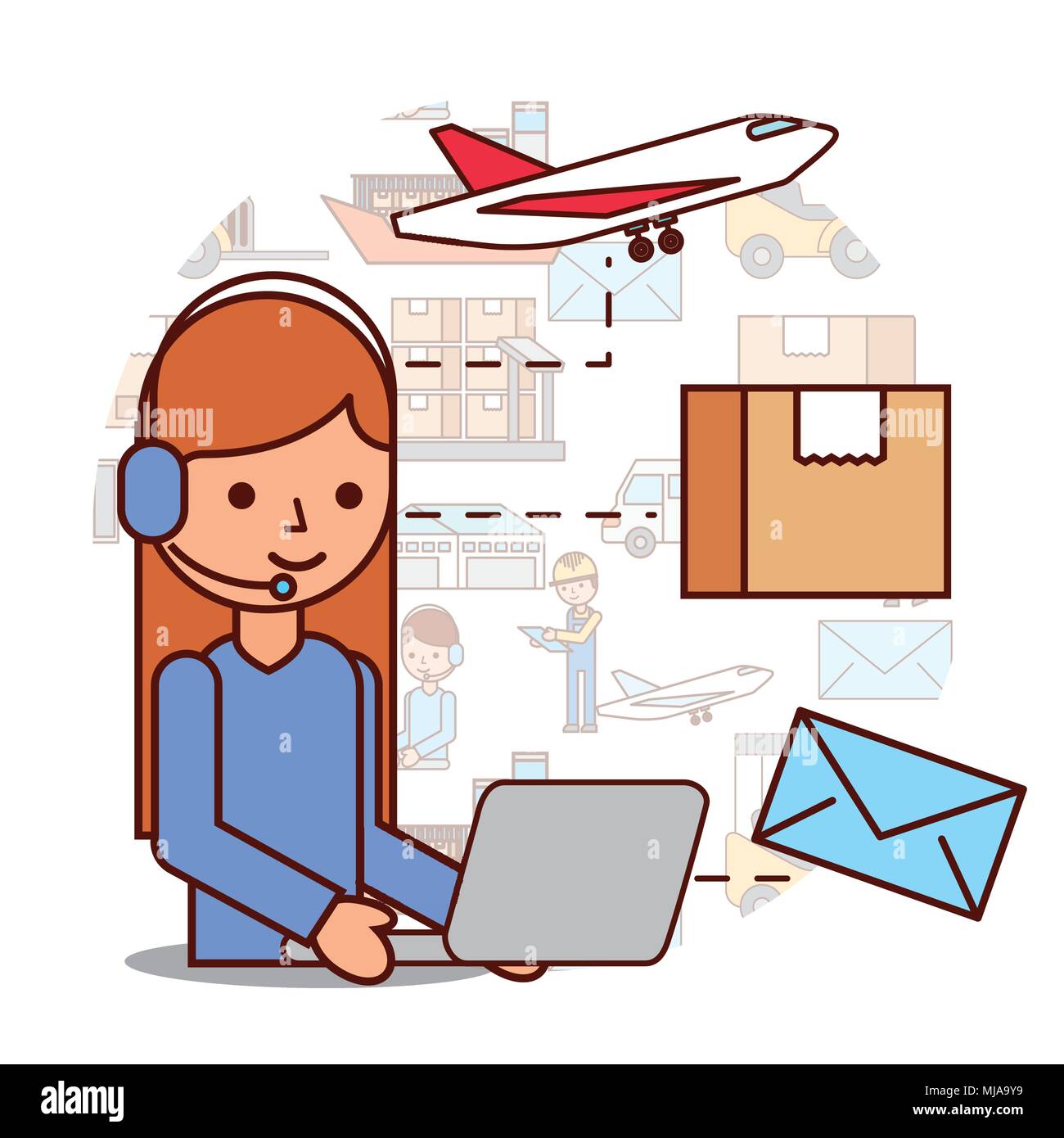 Donna operatore logistico e cuffie box aereo busta Illustrazione Vettoriale