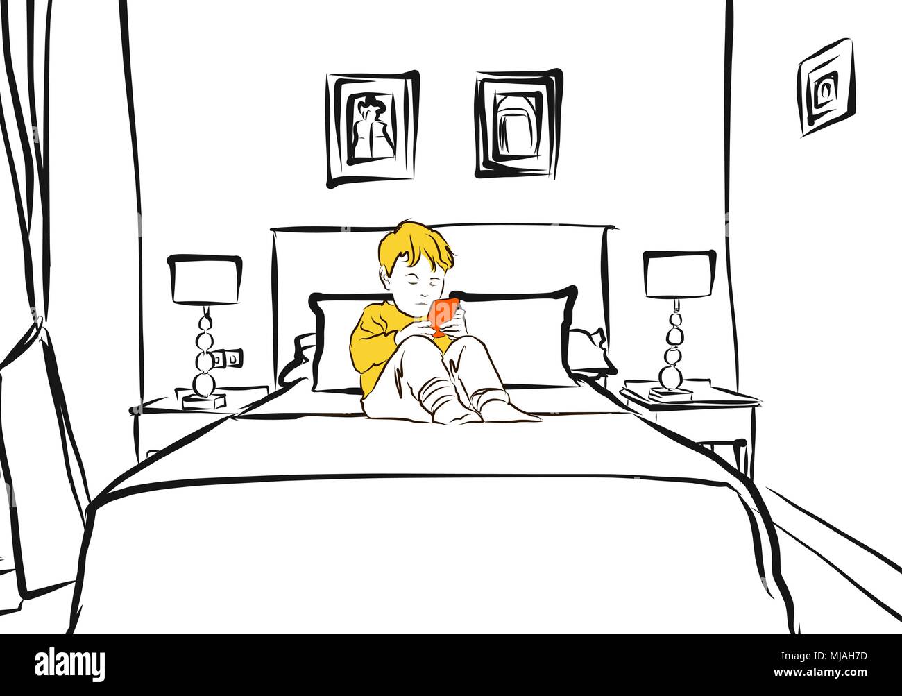 Camera in hotel con ragazzo carino sul letto disegnato a mano schizzo di contorno, Illustrazione Vettoriale