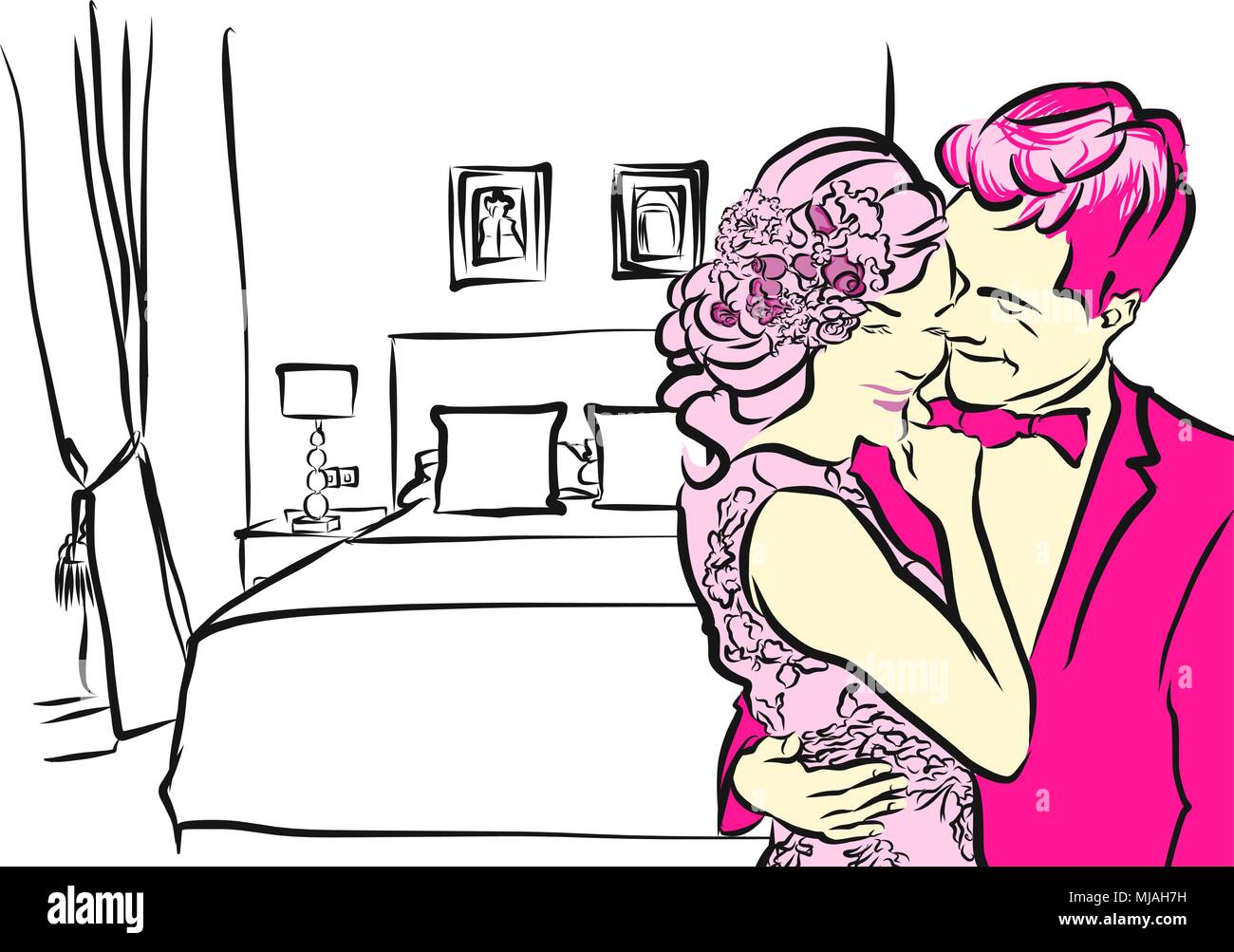 L'uomo baci ragazza nella stanza in hotel, disegnato a mano schizzo di contorno, Illustrazione Vettoriale