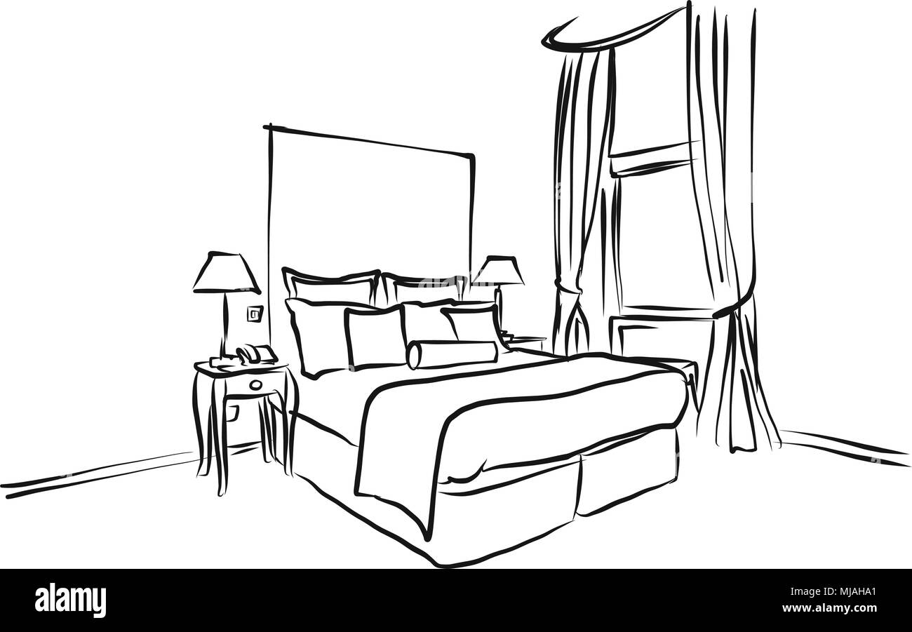 Camera con letto King Size, Interieur colorazione Pagina, disegnato a mano schizzo di contorno, Illustrazione Vettoriale