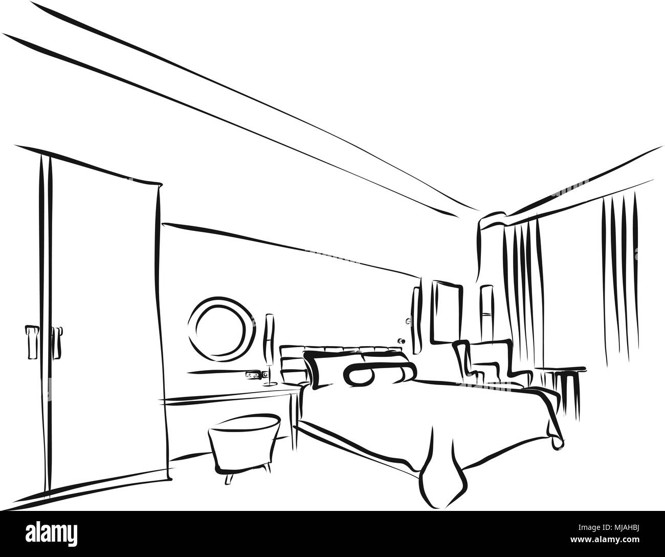 Camera in hotel Interieur colorazione Pagina, disegnato a mano schizzo di contorno, Illustrazione Vettoriale