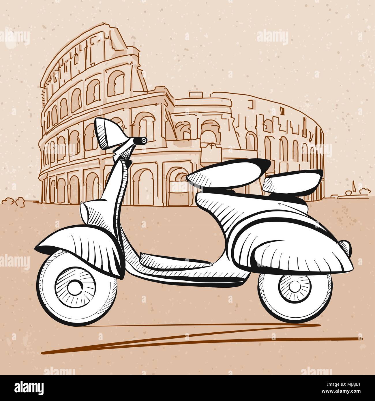 Scooter italiano davanti al Colosseo a Roma, disegnati a mano oggetti grafici vettoriali Illustrazione Vettoriale