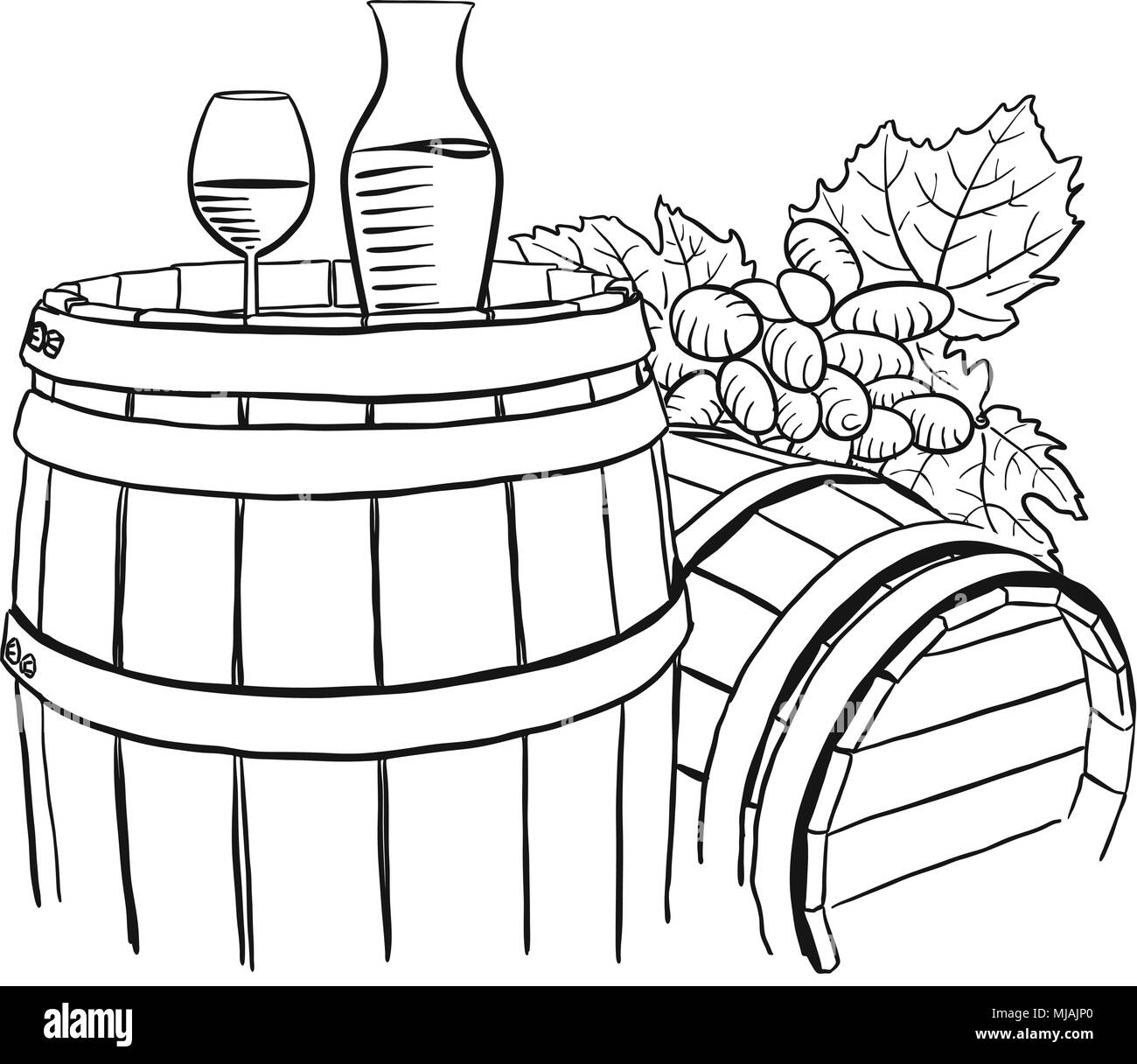 Le uve, Caraffa e bicchiere di vino sul barile di legno, disegnati a mano oggetti grafici vettoriali Illustrazione Vettoriale