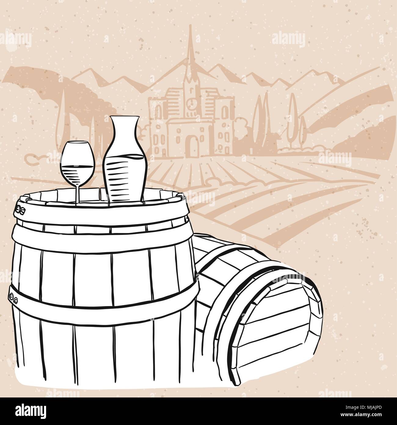 Caraffa, Vetro della vite sulla canna con vigneto Vintage, sfondo disegnato a mano illustrazioni vettoriali Illustrazione Vettoriale