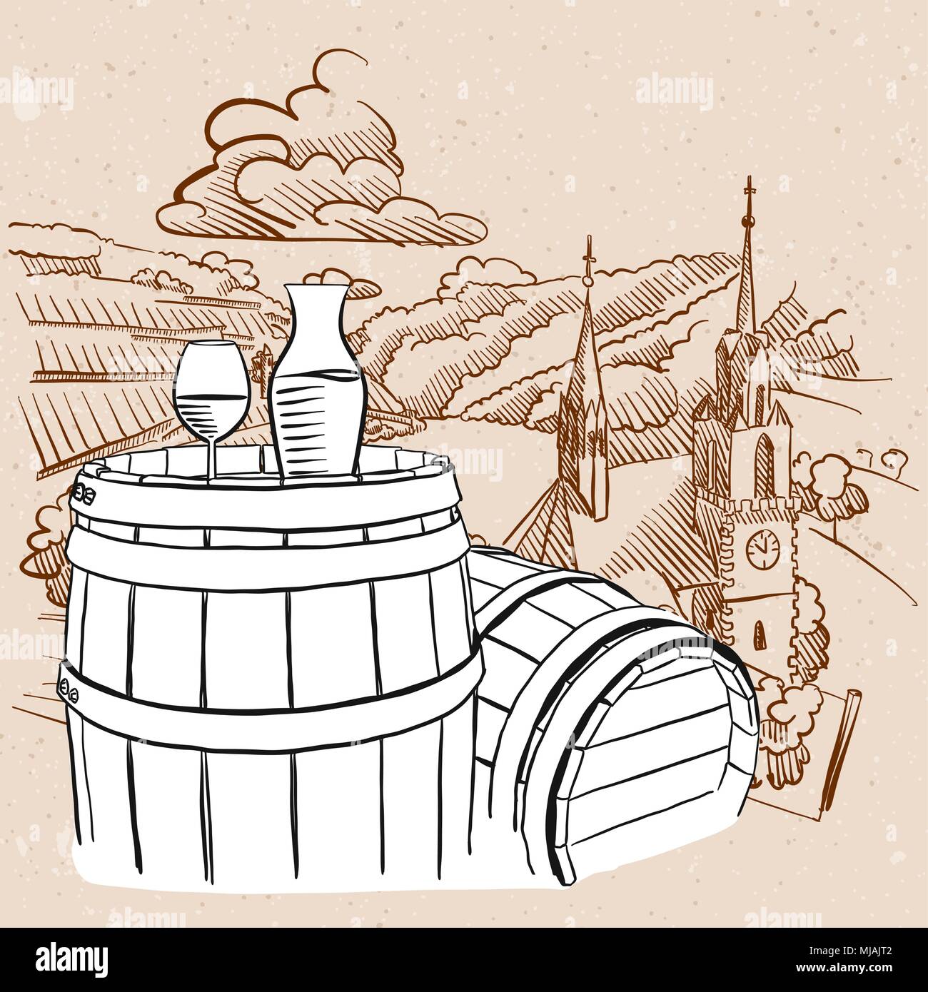 Illustrazione del vigneto con abbozzato canna e bicchiere di vino, disegnati a mano oggetti grafici vettoriali Illustrazione Vettoriale