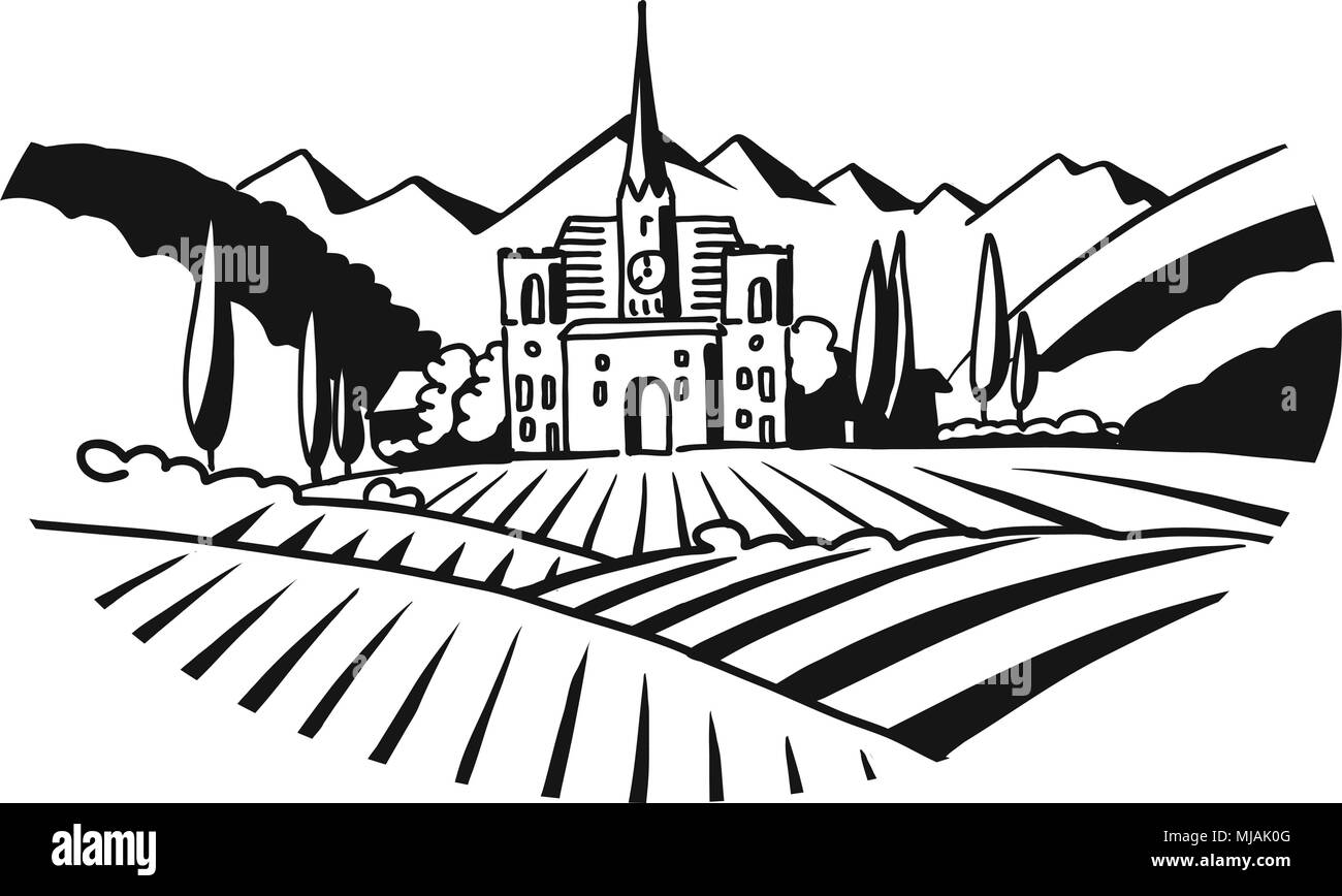 Illustrazione del vigneto iconografico Bianco Nero abbozzato disegnati a mano oggetti grafici vettoriali Illustrazione Vettoriale